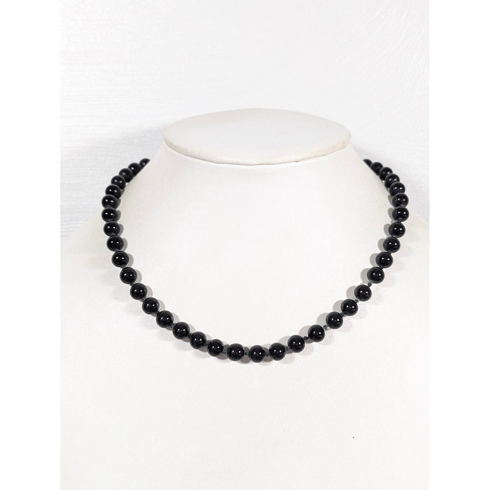 Vintage Monet Black Glass Bead Necklace Gold Tone Chain 18" Classic Minimal